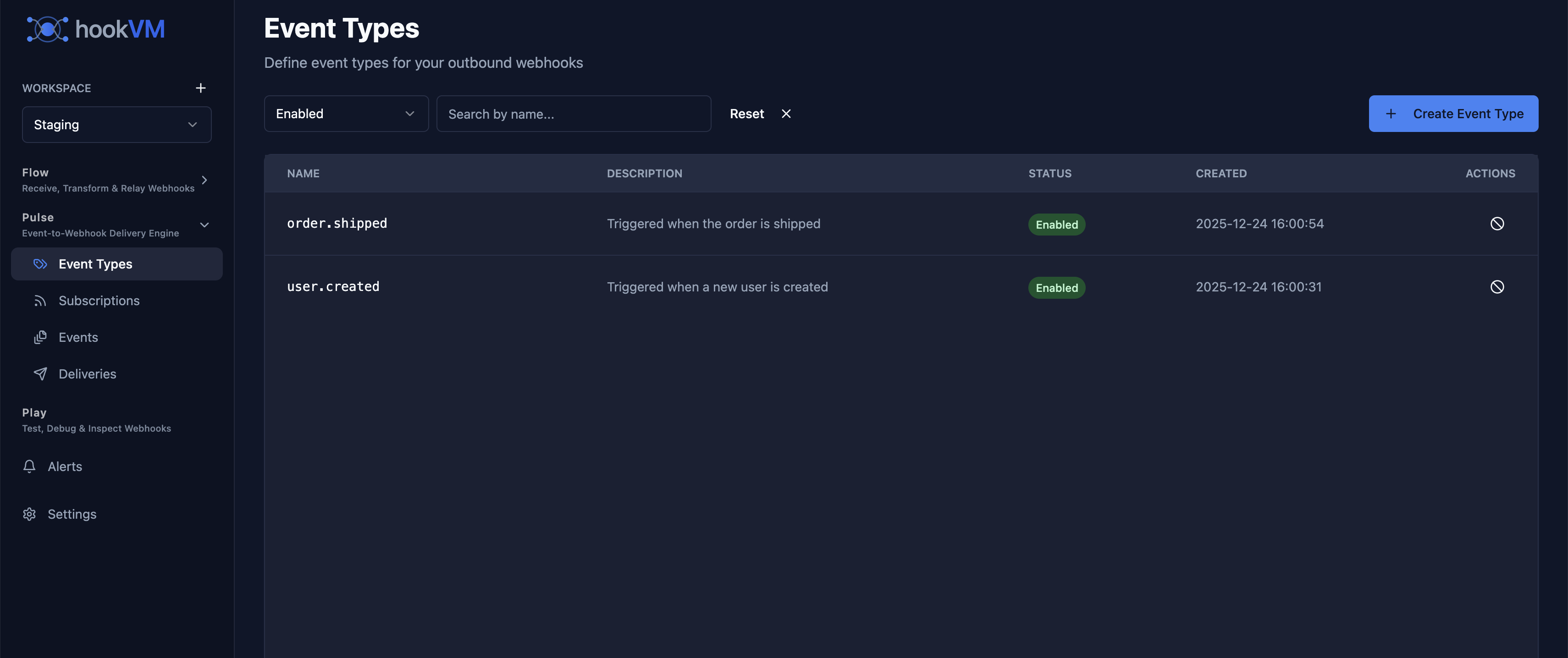 Event types management interface