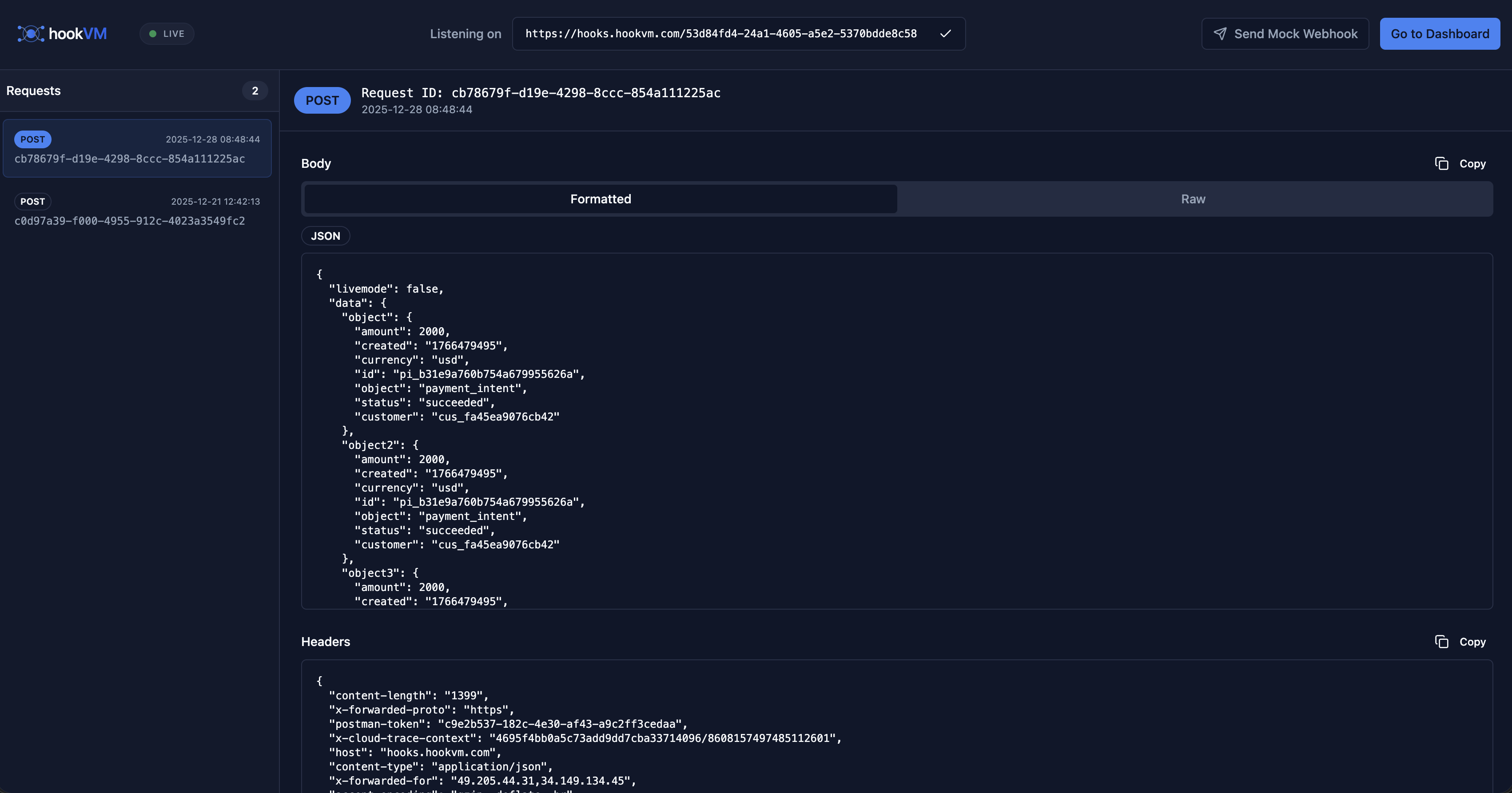 hookVM Play webhook debugging console interface